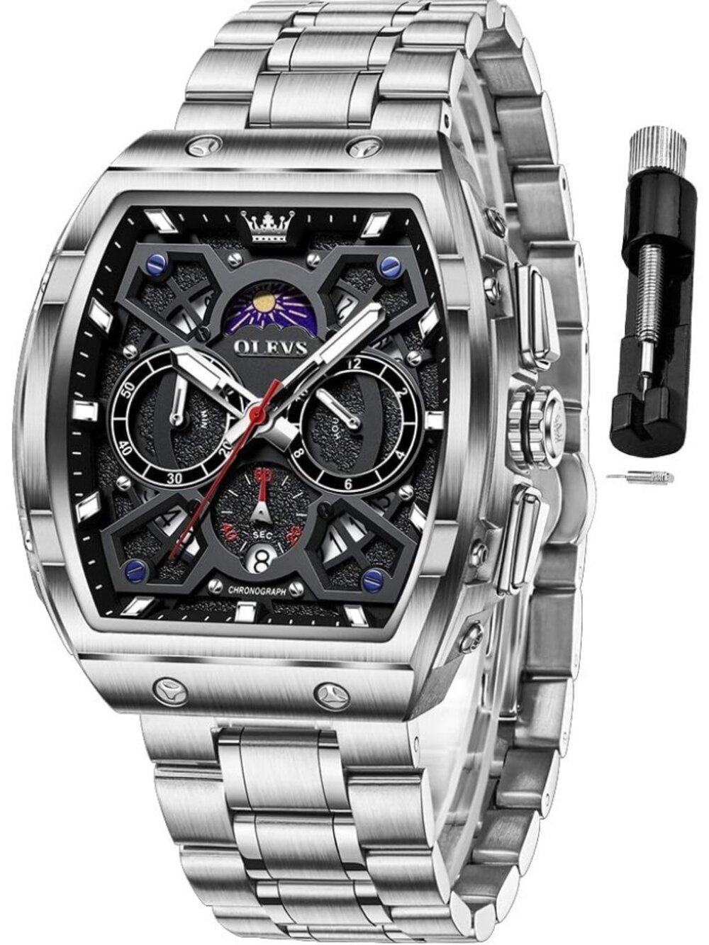 Men's Silver Black Chronograph Big Square Analog Stainless Steel Date Watch